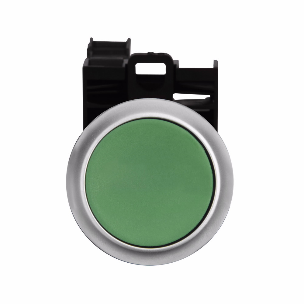 Eaton 22.5 mm RMQ-Titan Pushbutton,Green Actuator,Silver bezel,1NO - 1NC,IP67, IP69K,Non-illuminated,Flush mounting,NEMA 4X, 13,5,000,000 operations,Momentary,22.5 mm,Flush Pushbutton,M22