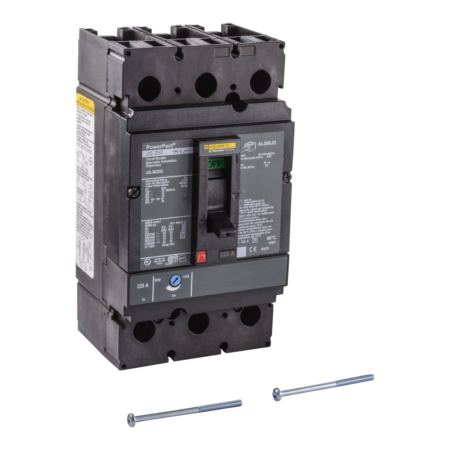 Circuit breaker, PowerPacT J, 225A, 3 pole, 600VAC, 18kA, lugs, thermal magnetic, 100%