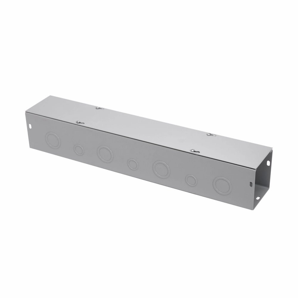 Eaton B-Line series wireway, 6" height, 120" length, 6" width, G wireway, Thru holes, 39 top knockouts, 39 bottom knockouts, Screw cover, NEMA 1, Steel, Plated screws, ANSI 61 gray, 16 gauge