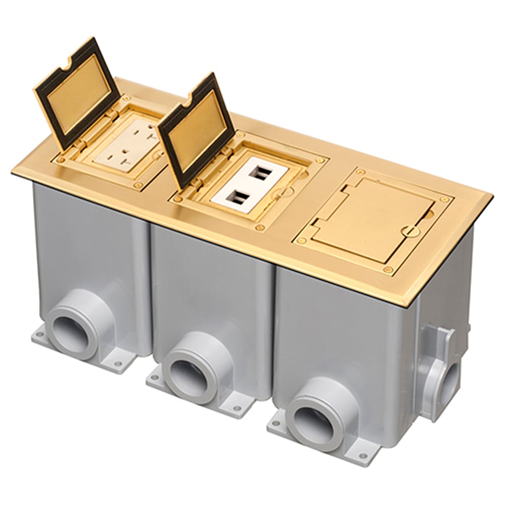 Brass three gang frame kit with Flip lid cover. Includes (3) 20A decorator style receptacle, (3) gasket, low voltage insert and installation screws. Flip lid cover can be opened in any direction.