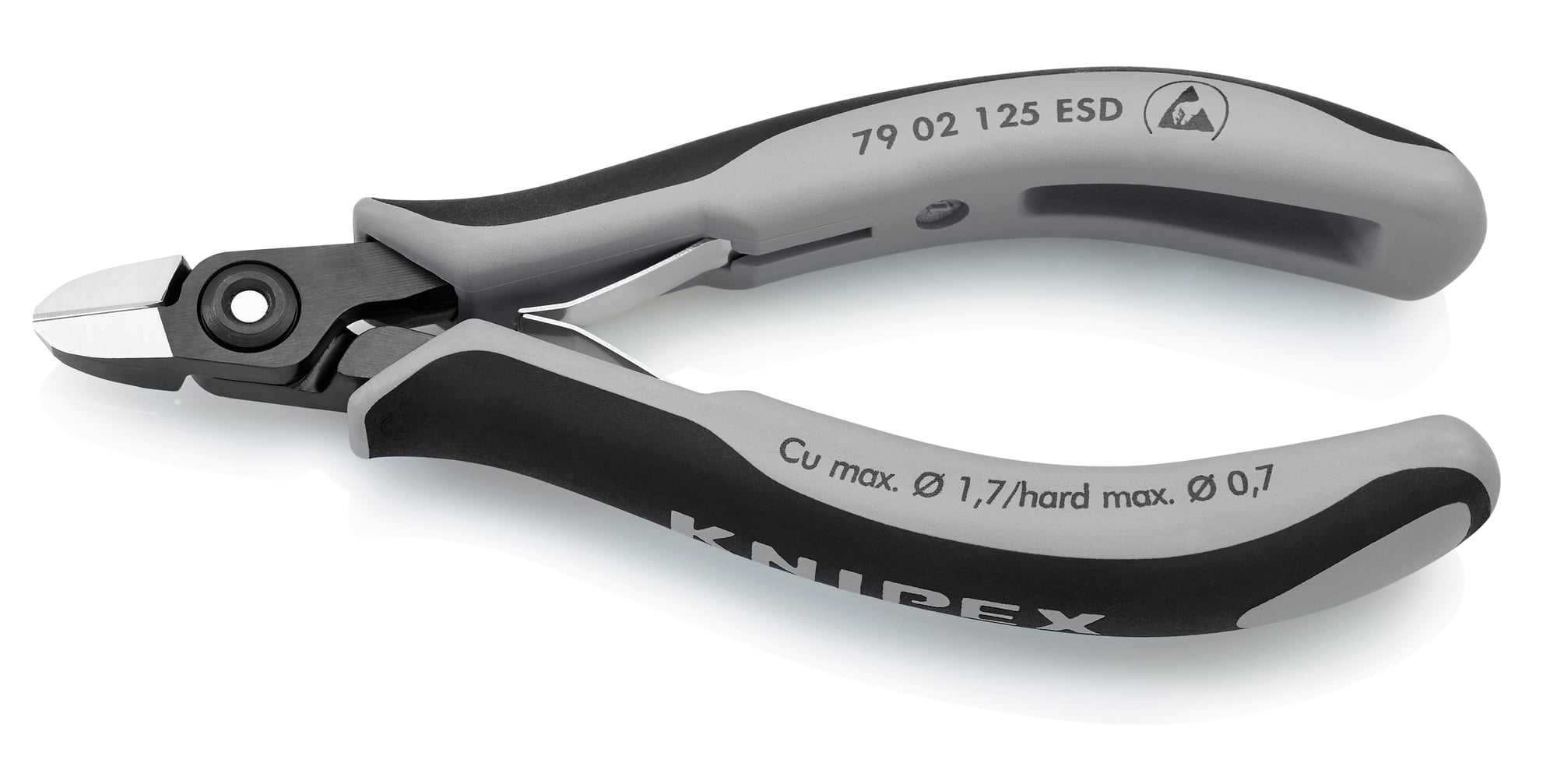 Electronics Diagonal Cutters-ESD Handles, 5 in., Multi-Component, Polished, Semi-Flush with very Small Bevel Cut, Tapered Head, Up to 1/32 in. Hard Wire