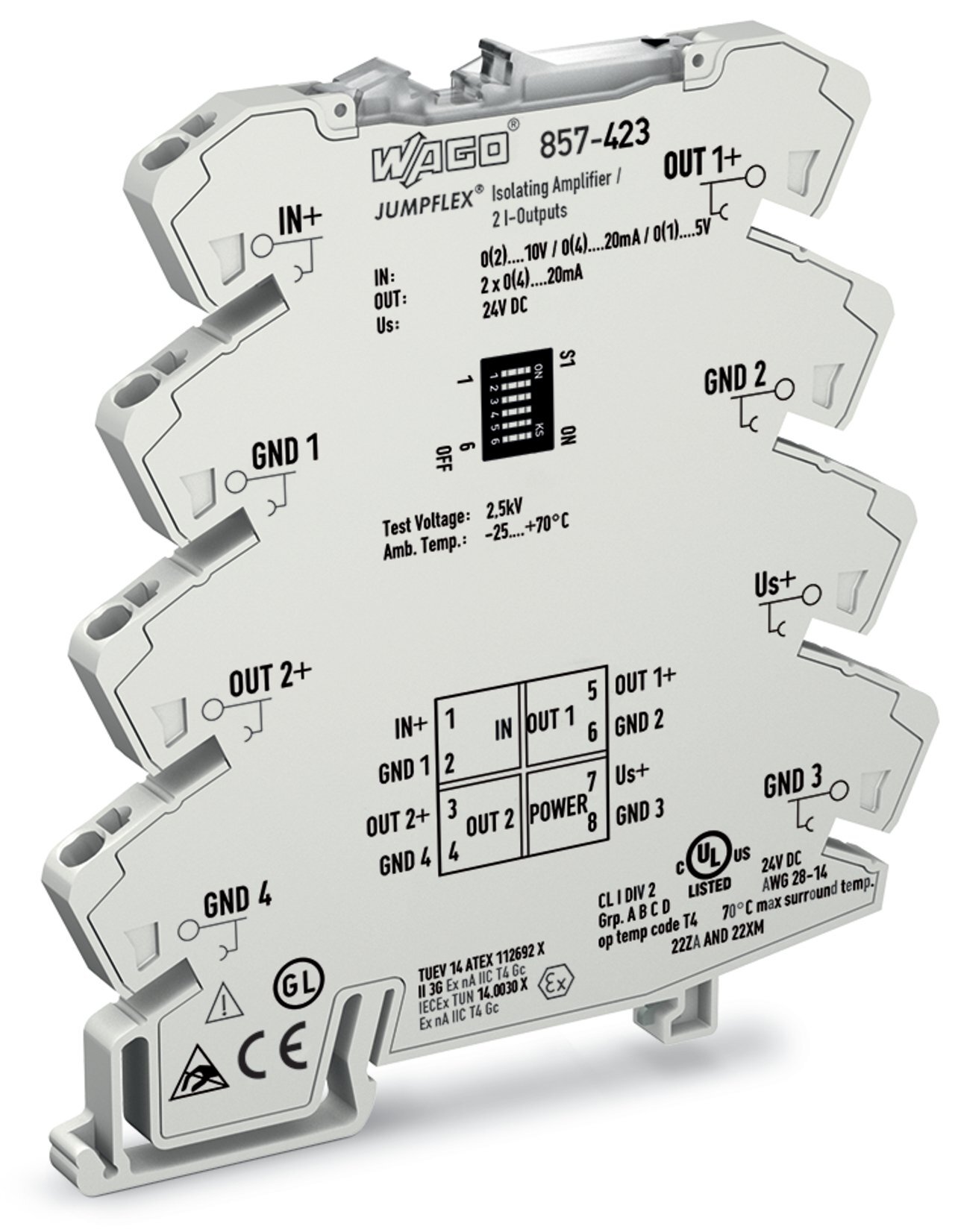 Isolation amplifier; Current and voltage input signal; 2 x current output signal; Supply voltage: 24 VDC; 6 mm module width; 2,50 mm