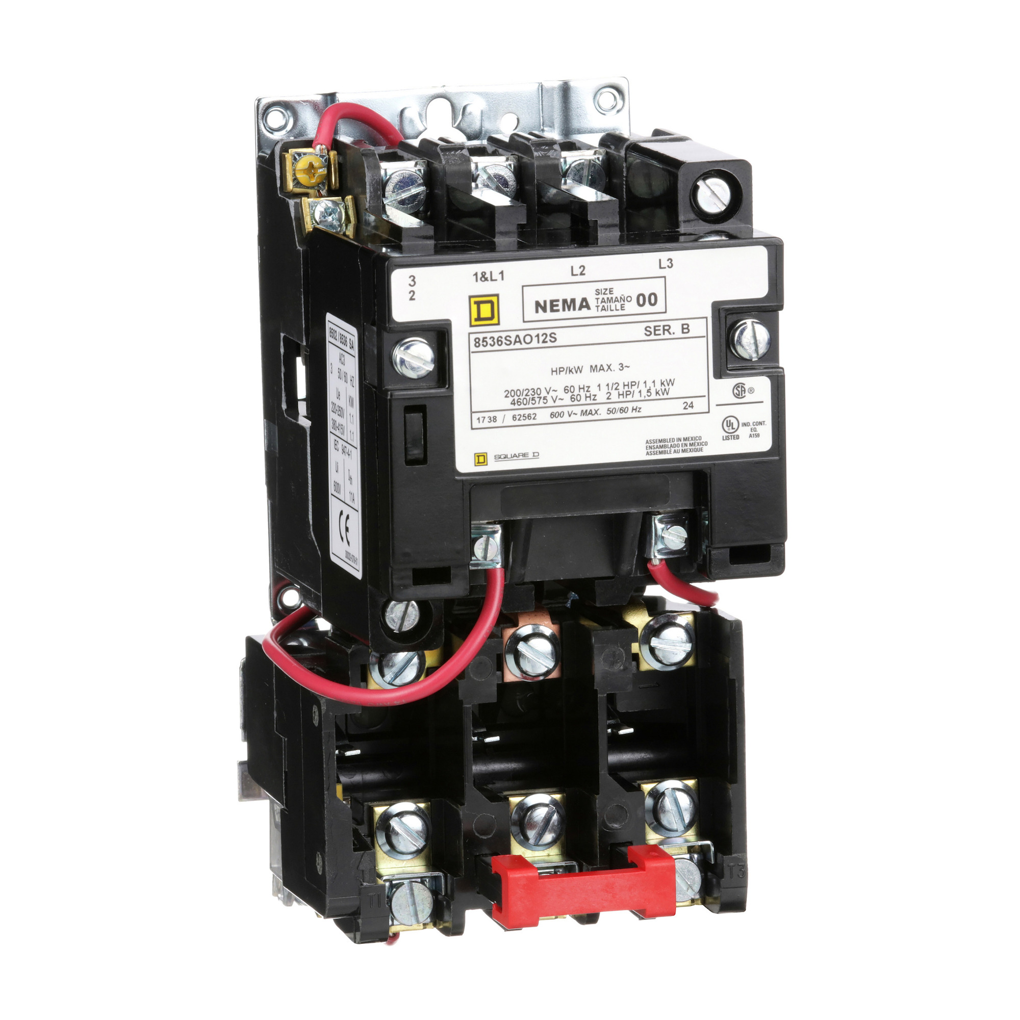 NEMA Motor Starter, Type S, nonreversing, Size 00, 9A, 2 HP at 460 VAC, 5 kA SCCR, 3 phase, 3 pole, melting alloy, 480 VAC coil, open