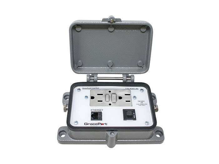 Panel Interface Connector with Category 5e RJ45, Panel Mount Housing with Metal Cover, GFCI Duplex Inside-Outlet, 5 Amp Circuit Breaker