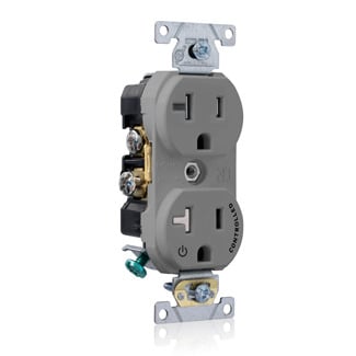 Tamper Resistant Duplex Receptacle, 2-Pole 3-Wire, NEMA 5-20R, 20A-125, Gray, Back And Side Wired, Commercial Spec Grade, Hot Terminal Split W/1 Plug Controlled Markings Universal Marking Orientation