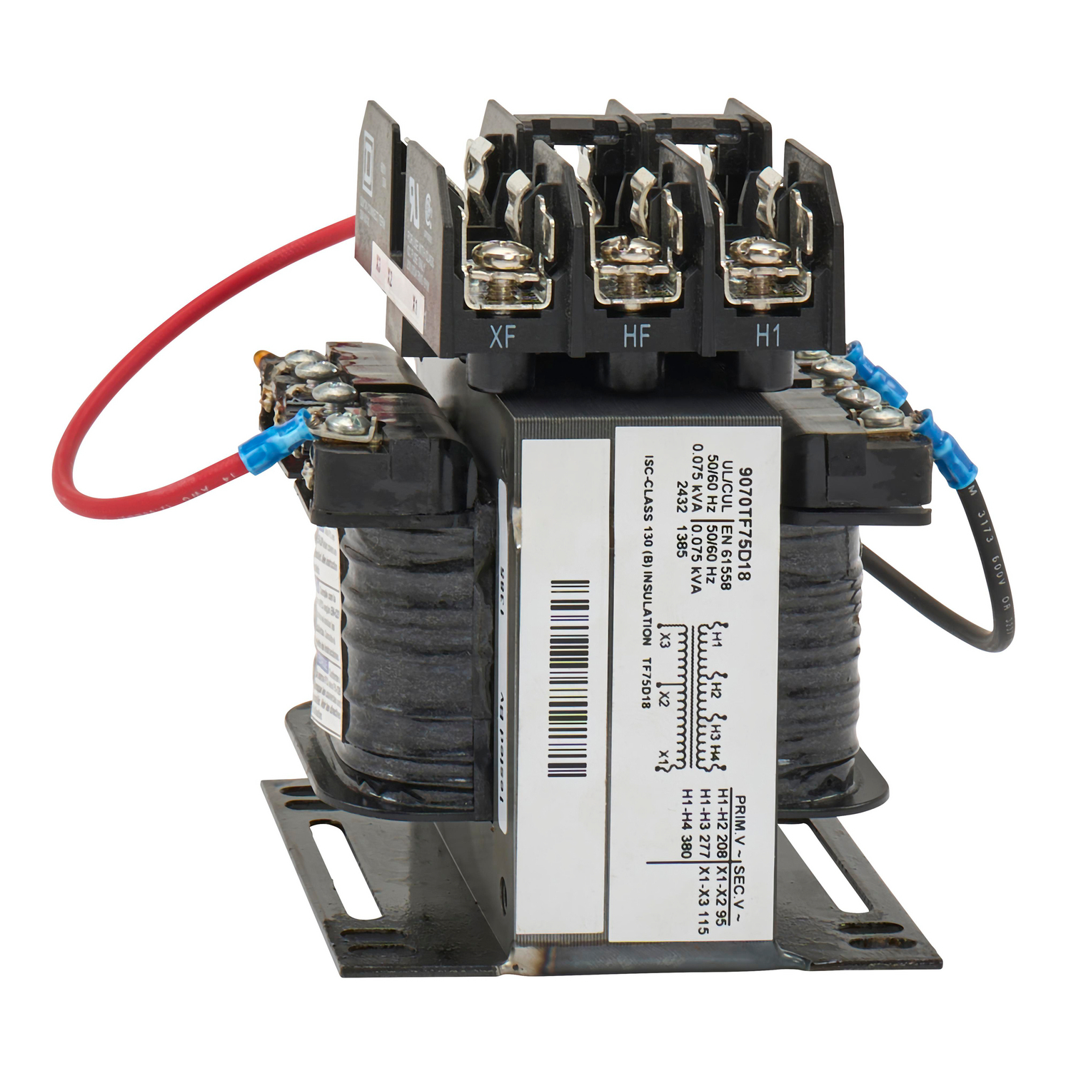 Transformer, Type TF, industrial control, 75 VA, 208/277/380 VAC primary / 95/115 VAC sec, 1 phase, 50/60 Hz, 55 C rise