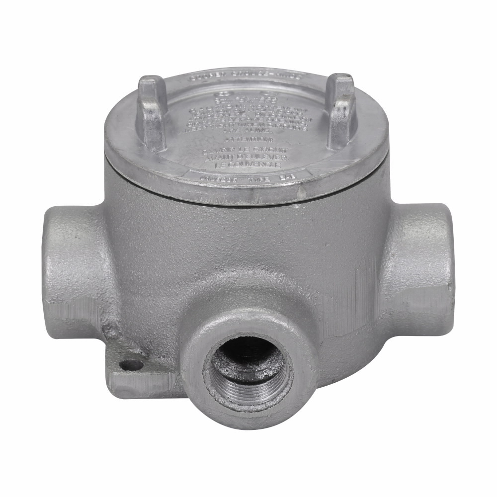 Eaton Crouse-Hinds series Condulet EAB conduit outlet box with cover, 3" cover opening diameter, Feraloy iron alloy, X shape, 3/4"