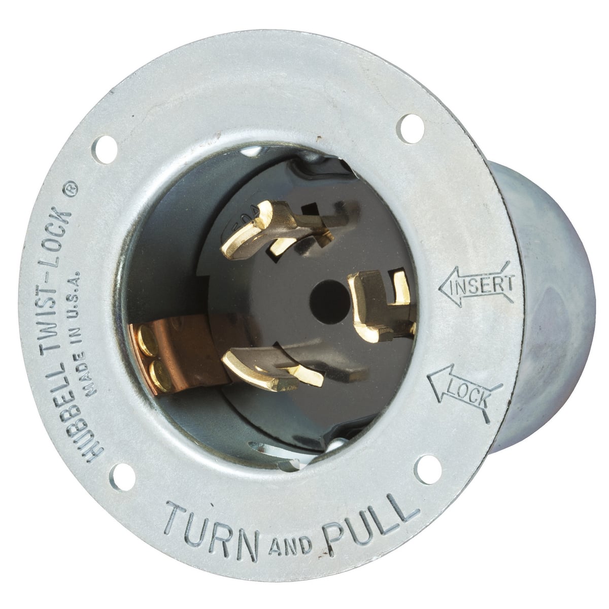 Locking Devices, Twist-Lock, Industrial, Flanged Inlet, 50A 3-Phase Delta 480V AC, 3-Pole 4-Wire Grounding, Non- NEMA, Screw Terminal, Black
