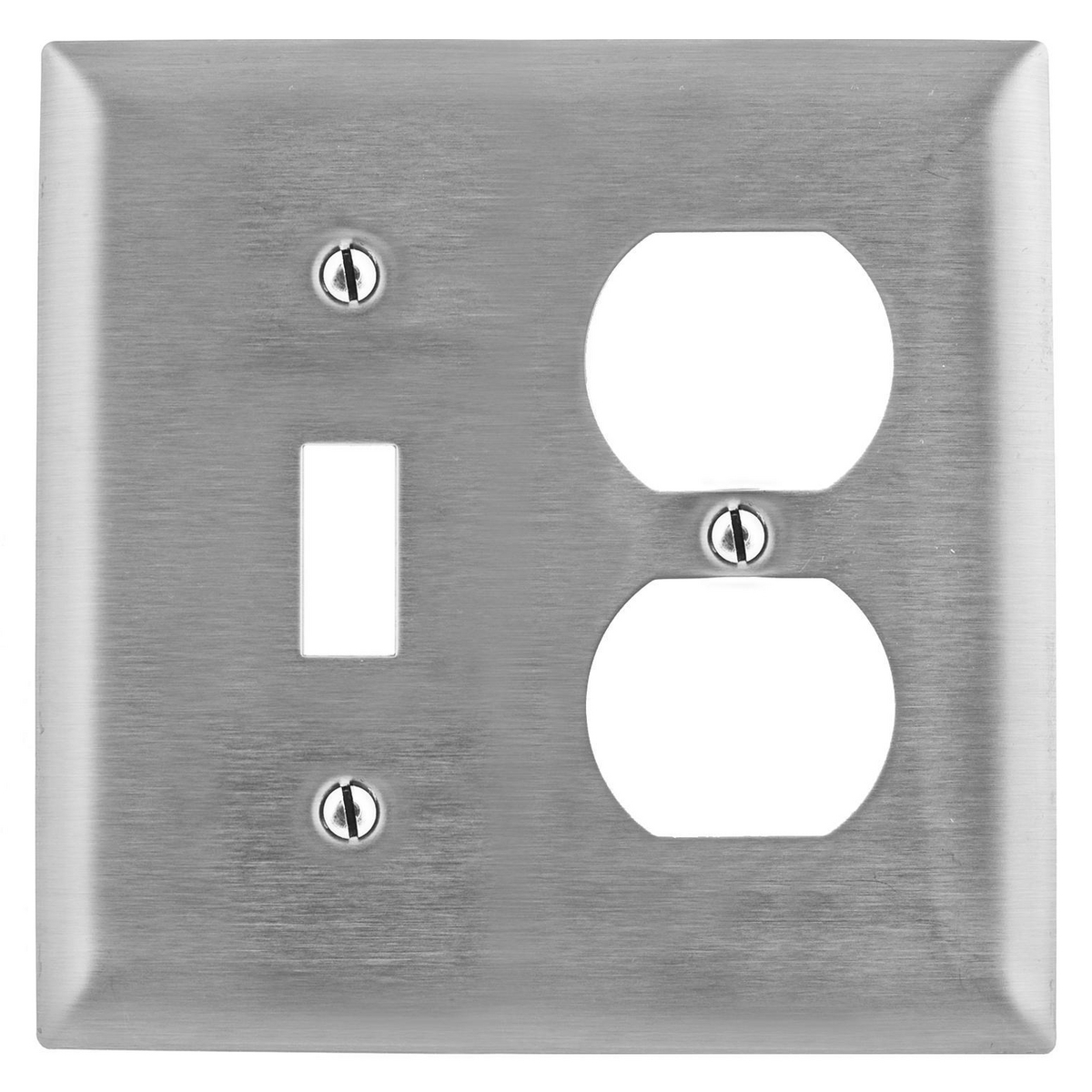 Wallplates and Boxes, Metallic Plates, 2-Gang, 1) Toggle 1) DuplexOpenings, Standard Size, Stainless Steel