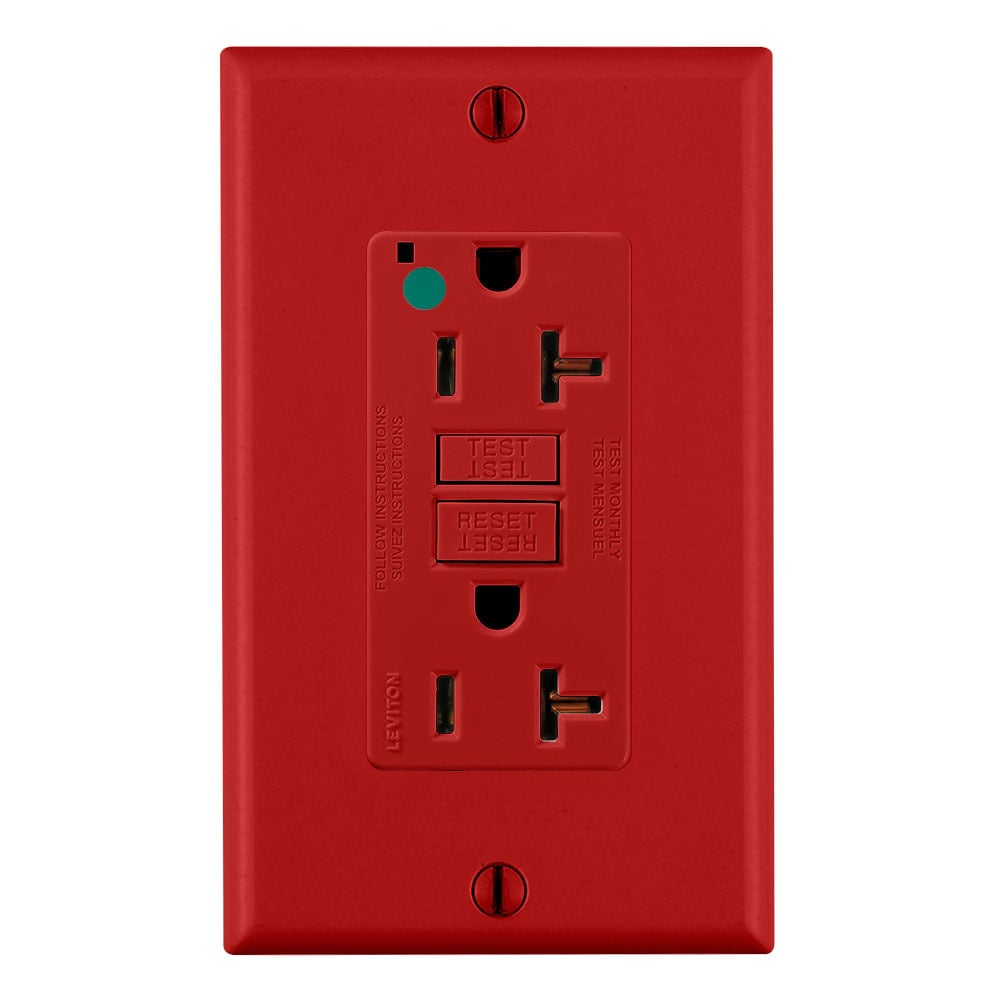 20 Amp, 125 Volt, SmartlockPro Slim Self-Test GFCI Receptacle, Extra-Heavy Duty Hospital Grade, NEMA 5-20R, 20A Feed-Through, 2P, 3W, Matching Wallplate Included - RED