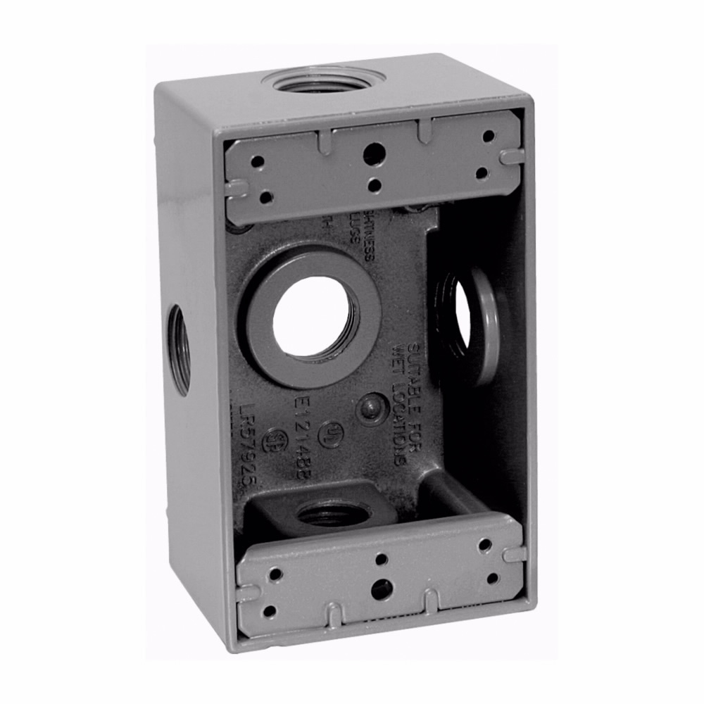Eaton Crouse-Hinds series weatherproof outlet box, 18.0 cu in, Gray, 2" deep, Die cast aluminum, Single-gang, (5) 1/2" outlet holes, Rectangular, side entry, with lugs