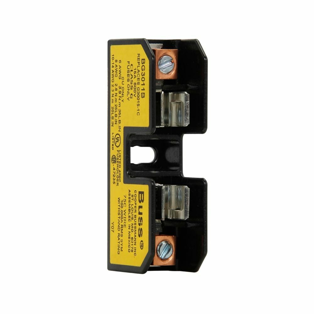 Eaton Bussmann series BG open fuse block, Open fuse block, 1-15 A, Single-pole, Class G, 100 kA, Box lug, 100 kAIC, Thermoplastic, 600 Vac/dc, For use with SC fuse, #14-6 AWG Cu/Al