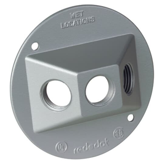 Round Jumbo Lampholder Cover, Diameter 4-1/2 Inches, Hub Size 1/2 Inch, Silver, Aluminum, Three Tapped Holes, with Gasket, Screws, and Plugs