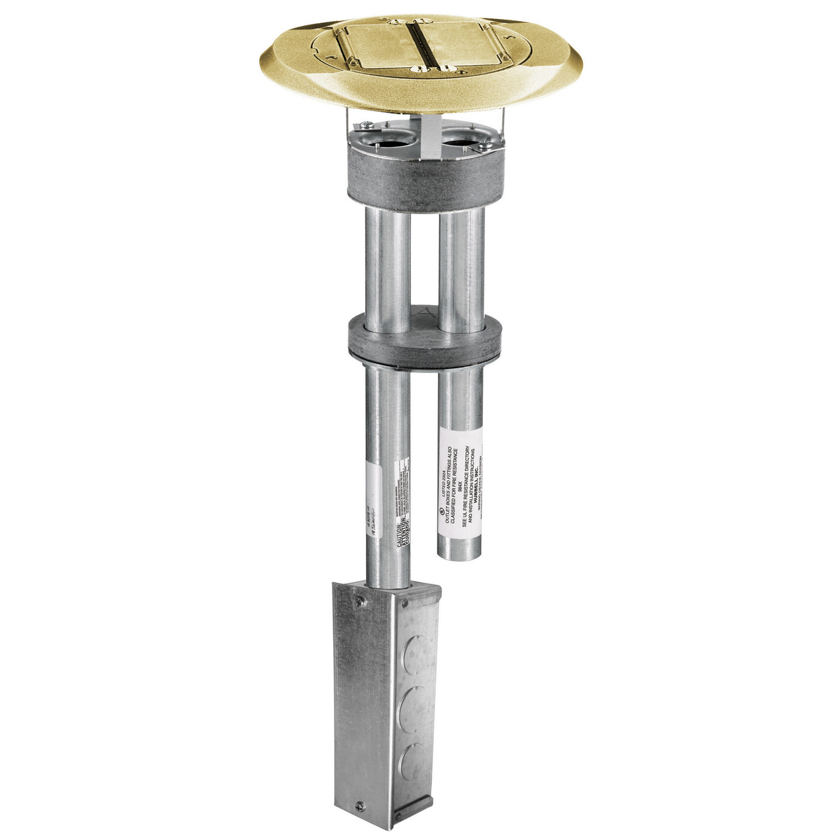 In-Floor Delivery Systems, SystemOne, Fire-Rated Poke-Through, 1 Piece Unit, Dual StyleLine Decorator Openings, Junction Box, Cover with Brass Finish