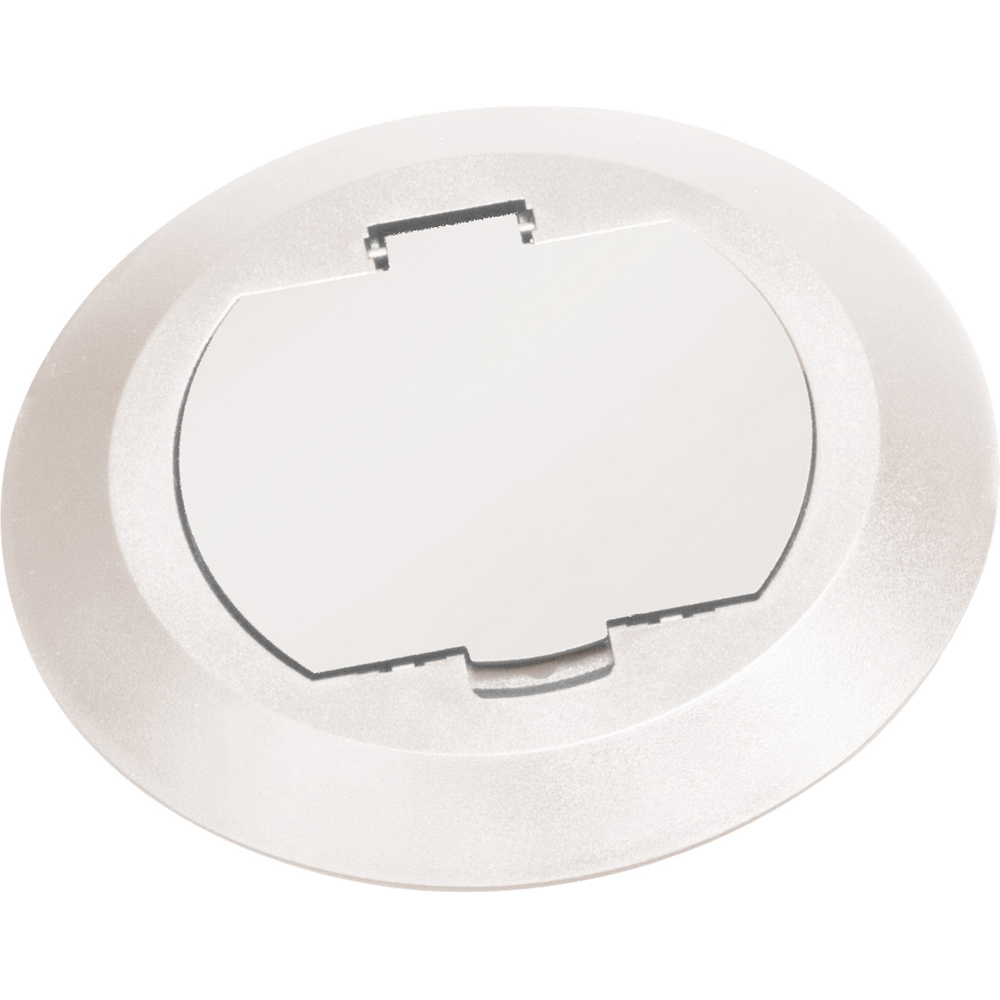 Round Plastic cover kits with one flip lid. Includes round plastic gasketed cover, mounting plate and leveling ring. White.