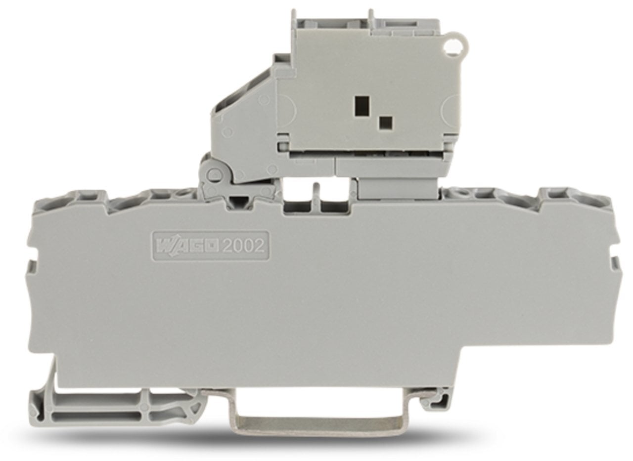 4-conductor fuse terminal block; with pivoting fuse holder; and end plate; for 5 x 20 mm miniature metric fuse; without blown fuse indication; for DIN-rail 35 x 15 and 35 x 7.5; 2.5 mm; Push-in CAGE CLAMP; 2,50 mm; gray