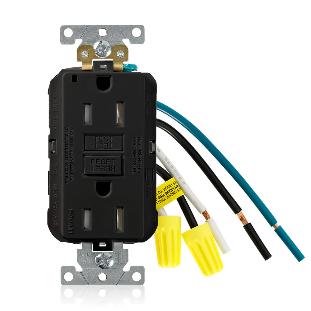 Self-Test, Leaded, Tamper Resistant, Fed-Spec Slim GFCI Receptacle, NEMA 5-15R 15A-125V @ Receptacle, 15A-125V Feed-through, Enclosed Terminals,  Lighted, Black, W/Black Test And Reset Button.