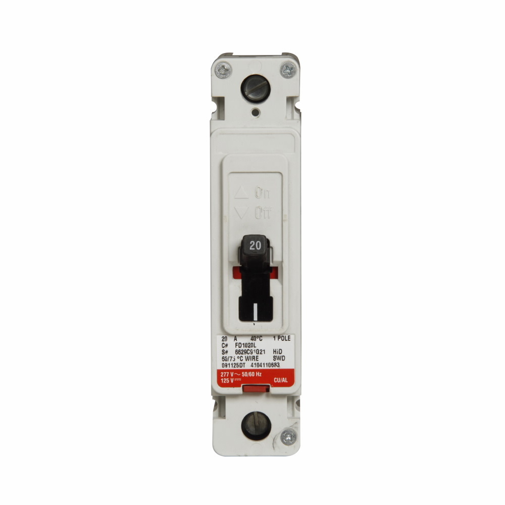 Eaton Series C complete molded case circuit breaker, F-frame, FD, Complete breaker, Fixed thermal, fixed magnetic trip type, Single-pole, 20A, 347 Vac, 125 Vdc, 35 kAIC at 277 Vac, 18 kAIC at 347 Vac, Line and load, 50/60 Hz