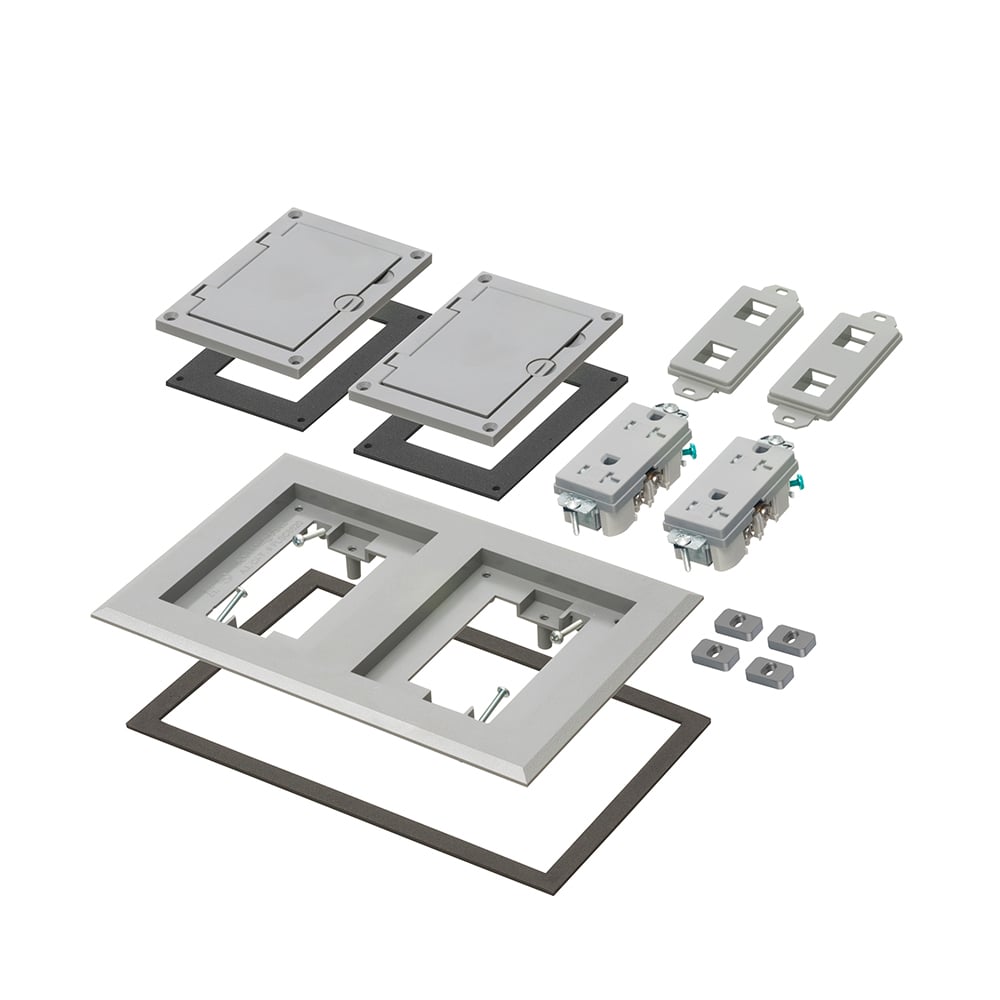 Gray non-metallic two gang frame kit with (2) flip lid covers. Includes (2) 20A decorator style receptacles, (2) gaskets, low voltage insert and installation screws. Flip lid cover can be opened in any direction.