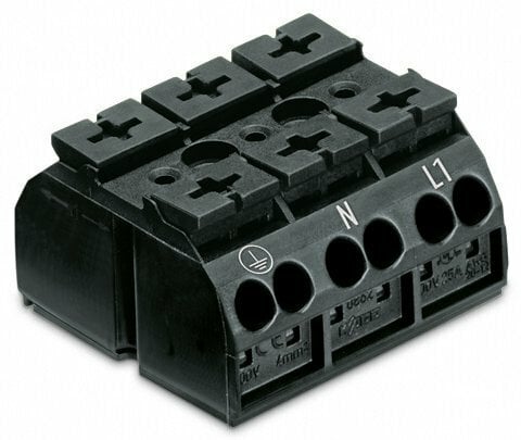 4-conductor chassis-mount terminal strip; 3-pole; PE-N-L1; without ground contact; for 3 mm ø screw and nut; 4 mm²; 4,00 mm²; black