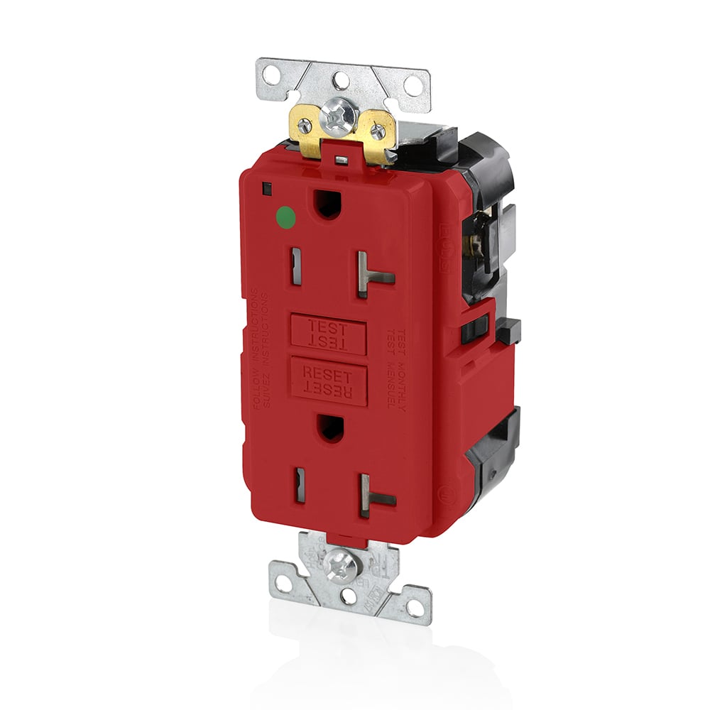 20 Amp, 125 Volt, SmartlockPro Slim Lev-Lok  Self-Test GFCI Receptacle, Extra-Heavy Duty Hospital Grade, Tamper-Resistant, 20A Feed-Through, NEMA 5-20R, 2P, 3W, Modular Terminals  RED
