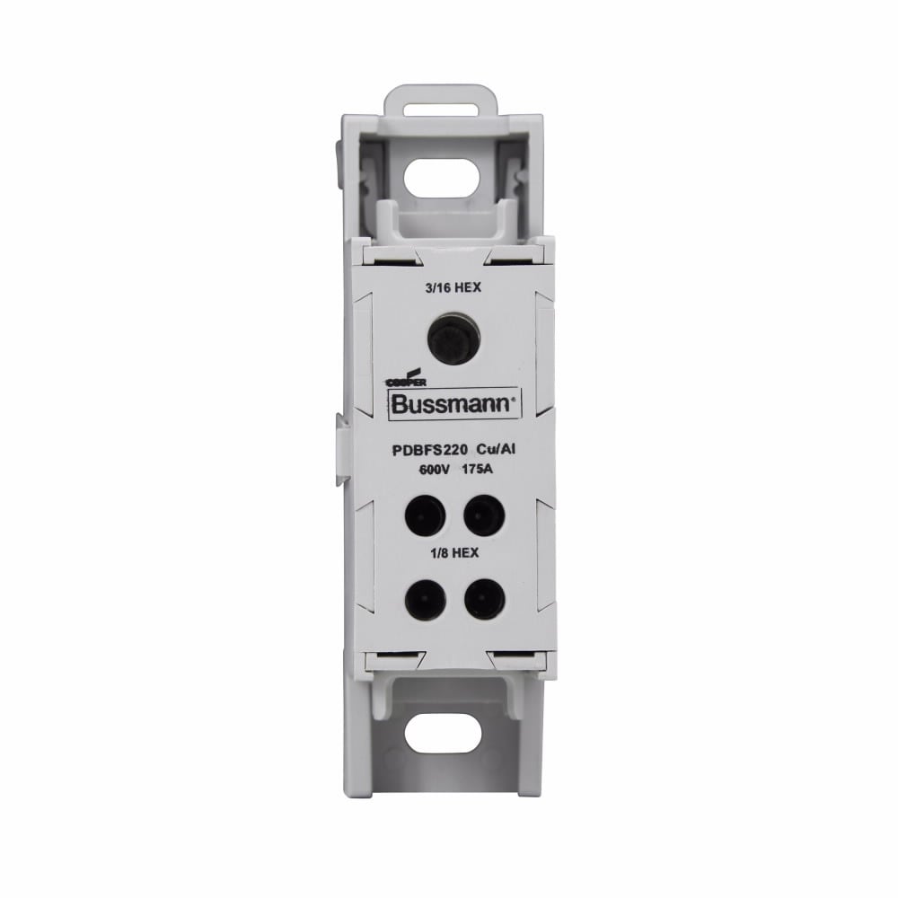 Eaton Bussmann series PDBFS power distribution block, IP-20 Finger-safe, 600 Vac, 600 Vdc, 175A, Power distribution block, SCCR: 200 kA (12 To 4 AWG), 100 kA (14 To 4 AWG), DIN rail, panel, Tin-plated aluminum connectors
