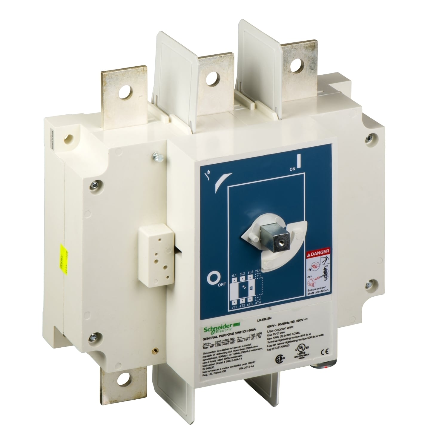 Disconnect Switch, TeSys LK, nonfusible, 600A, 600 V, HP rated, 3 pole, rotary handle, up to 200kA SCCR