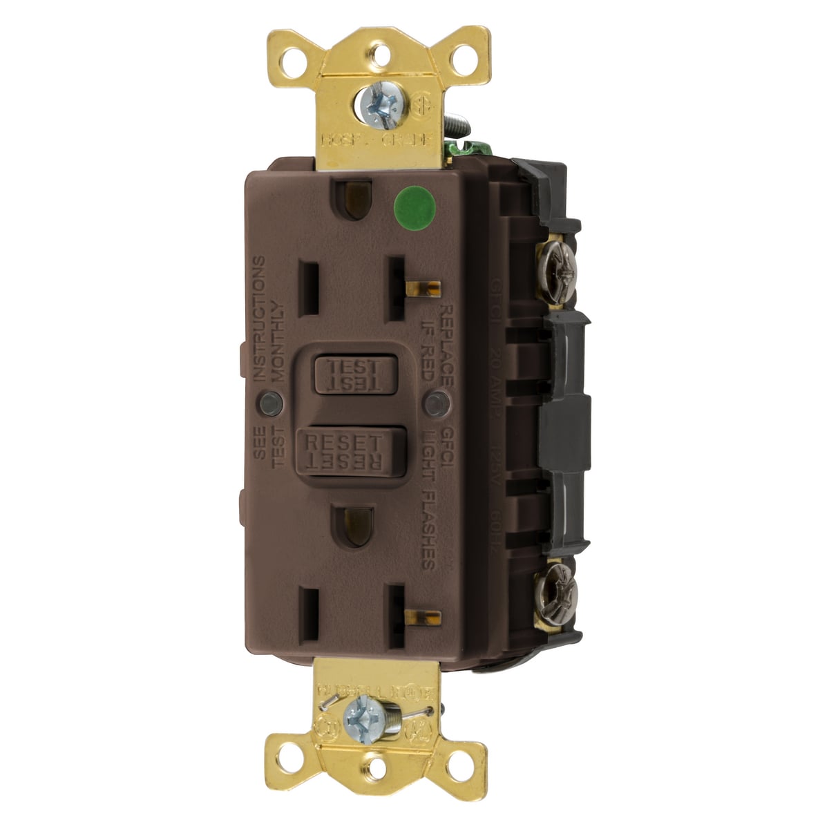 Straight Blade Devices, Receptacle, GFCI, Commercial Hospital Grade, Self Test, 20A 125V, 2-Pole 3-Wire Grounding, 5-20R, Brown