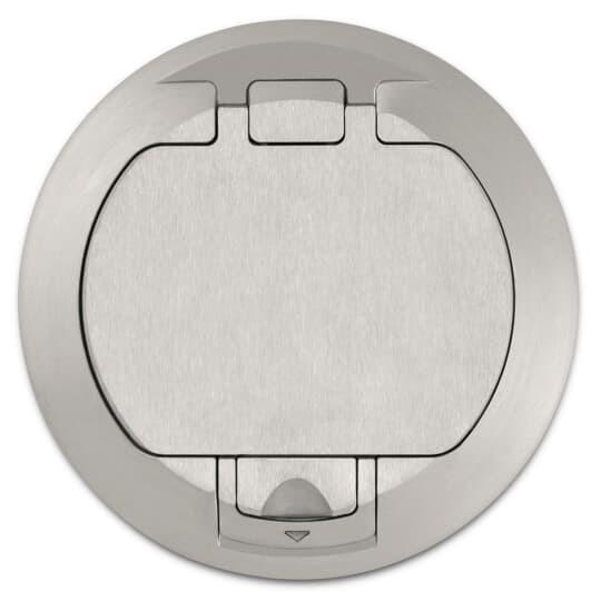 Flush Cover, Solid Aluminum with Brushed Finish, 1000 Pound Load Limit, For Flush Service Round Floor Box, 140 Cubic Inches, Opening Diameter 5-31/32 Inches, Base Diameter 8-1/8 Inches, Depth 6 Inches, 1 Inch and 1-1/2 Inch Conduit Hubs, Non-Metallic, Minimum Concrete Depth Flush 4 Inches Furniture Feed 3-1/2 Inches