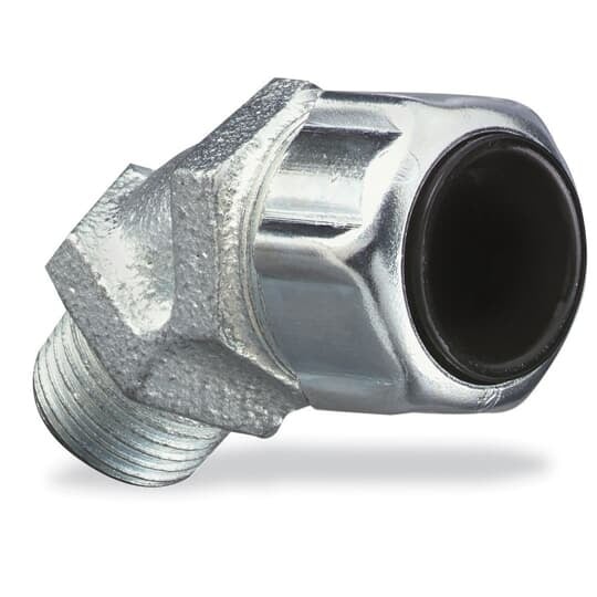 Liquidtight Strain Relief Connector, 1/2 Inch, 45 Degree Bend, Cord Range 0.310 to 0.560 Inch, Throat Diameter 37/64 Inch, Malleable Iron Body, Steel Gland, Plastic Grip, Santropene Bushing