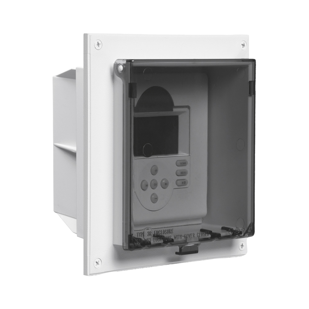 Non metallic exterior keypad enclosure with weatherproof while in use white paintable cover. For stucco, textured and rigid siding.