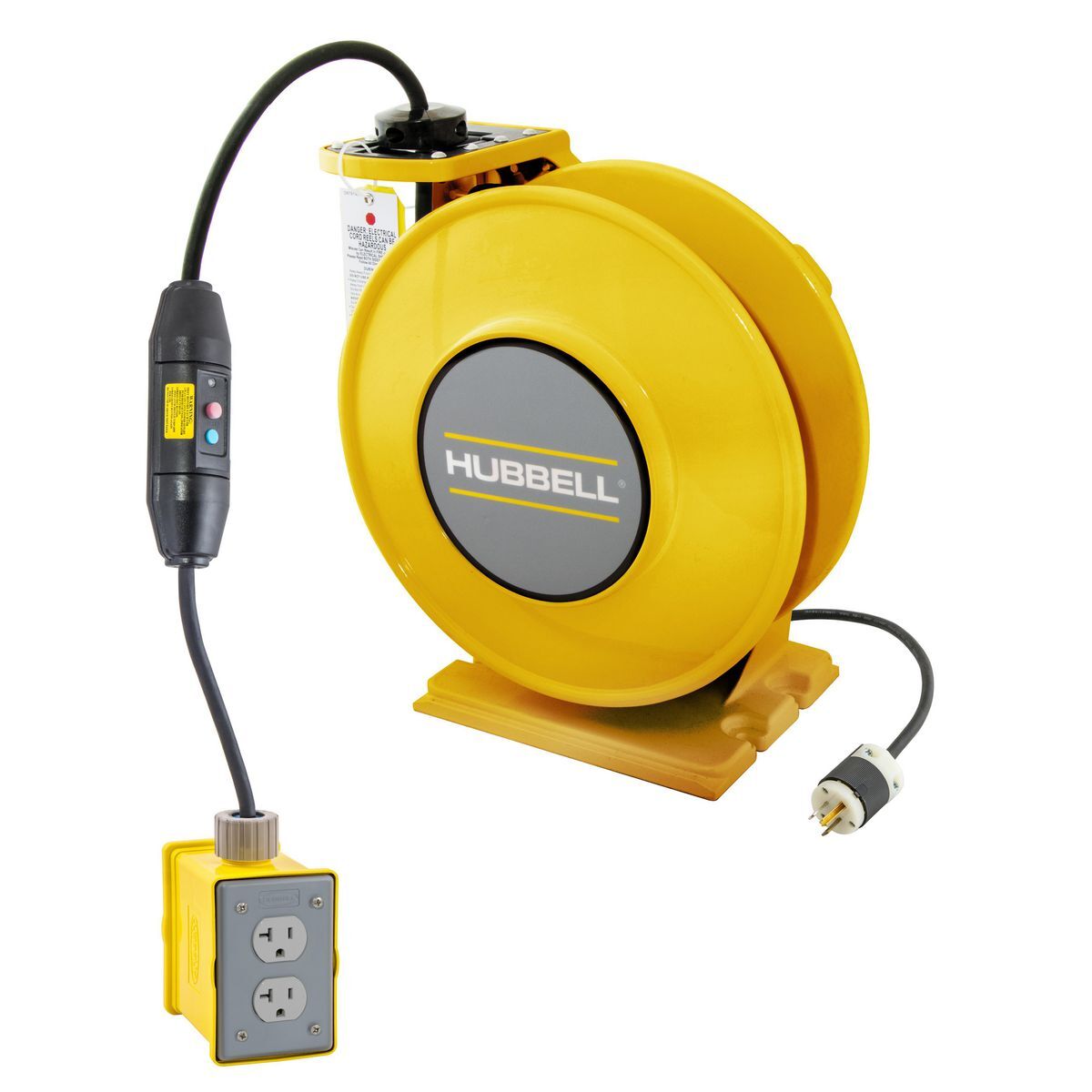 Yellow Industrial Reel with Yellow Portable Outlet Box, GFCI Module and (2) 20A Duplex Receptacles, UL Type 1, 25 Ft, #12/3 SJO, 20 A, 125 VAC