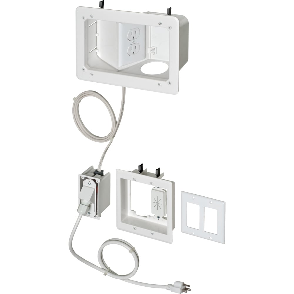 Recessed prewired TV BRIDGE kit with angled 1 gang power. Allows power to be bridged from one stud bay to the bridge kit.