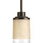 One-light mini-pendant with etched umber linen finished glass is complemented with a crisp, clear edge accent strip. This collection offers the best of traditional and modern highlight with an Antique Bronze finish.