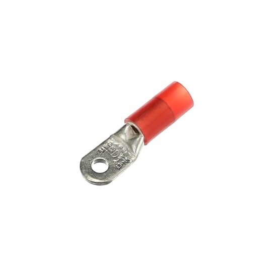 Nylon Insulated Large Ring Terminal, Length 1.40 Inches, Width .41 Inches, Maximum Insulation .270, Bolt Hole #8, Wire Range 8AN, Color Red, Copper, Tin Plated