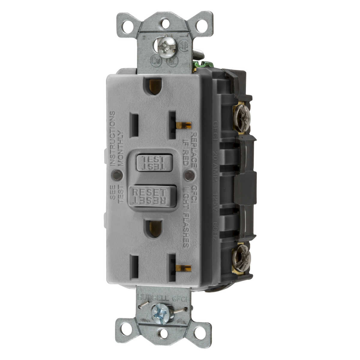 Straight Blade Devices, Receptacle, GFCI, Commercial Grade, Self Test, 20A 125V, 2-Pole 3-Wire Grounding, 5-20R, Gray, US Product.