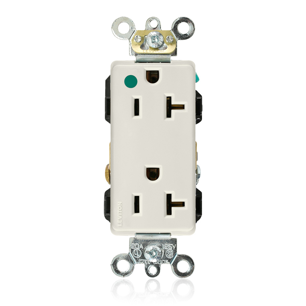 Decora Plus Duplex Receptacle Outlet, Extra Heavy-Duty Hospital Grade, Smooth Face,20 Amp, 125 Volt, Back or Side Wire, NEMA 5-20R, 2-Pole, 3-Wire, Self-Grounding - Light Almond