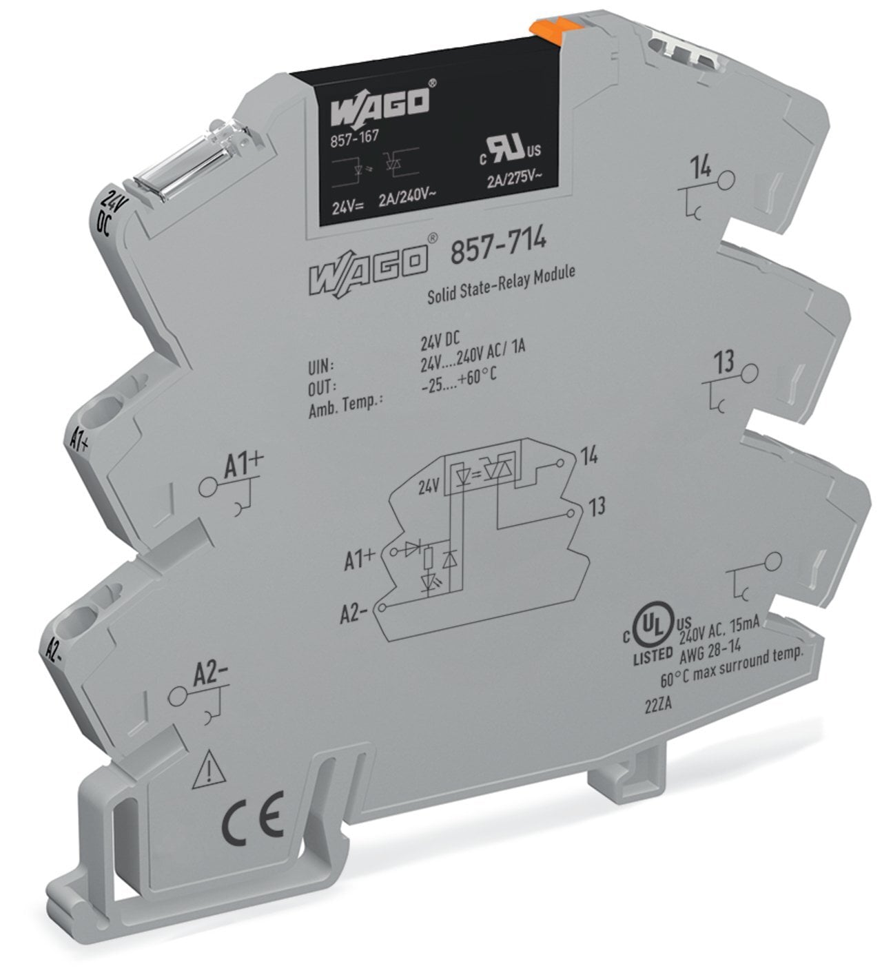 Solid-state relay module; Nominal input voltage: 24 VDC; Output voltage range: 24  240 VAC; Limiting continuous current: 2 A; 2-wire connection; zero-cross switching; Yellow status indicator; Module width: 6 mm; gray