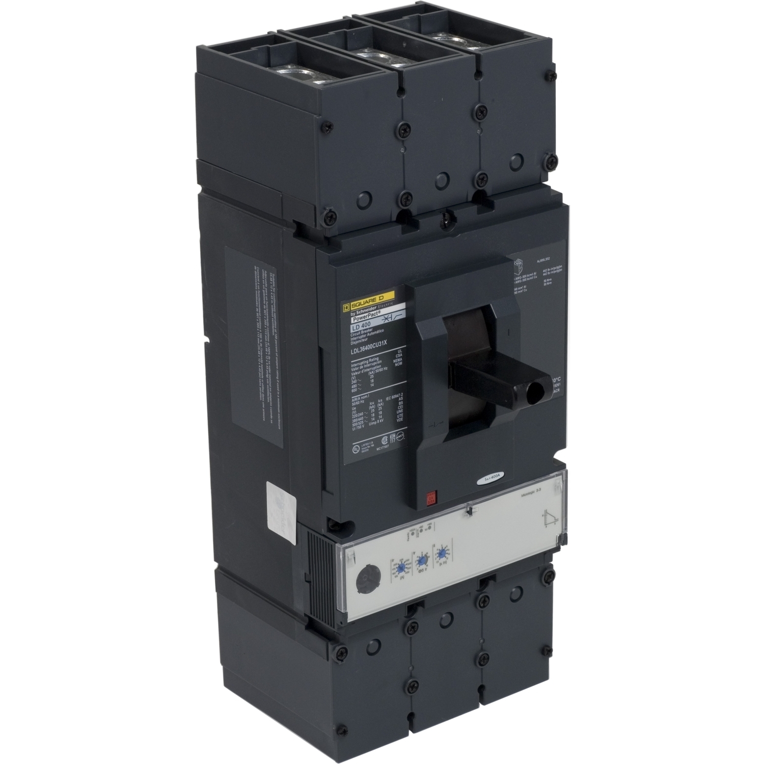 Circuit breaker, PowerPacT L, 400A, 3 pole, 600VAC, 25kA, lugs, MicroLogic 3.3, 100%