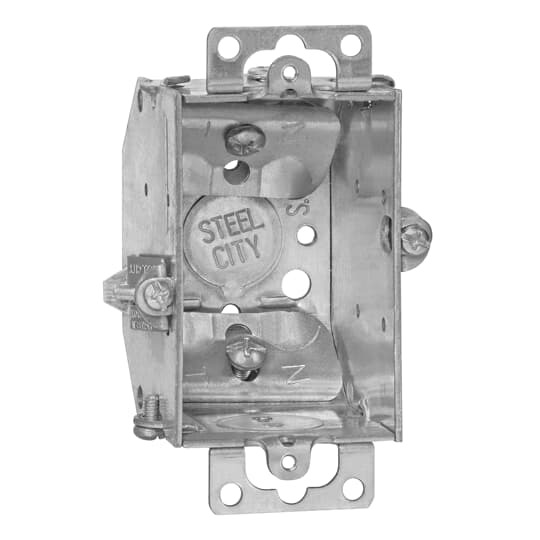 Gangable Switch Box, 10.5 Cubic Inches, 3 Inches Long x 2 Inches Wide x 2-1/4 Inches Deep, 1/2 Inch Knockouts, Pre-Galvanized Steel, Beveled Corners, Non-Metallic Cable Clamps (C-1), Adapts to Any Wall Thickness up to 3/4 Inch, and Ears Flush for Old Work, For Non-Metallic Sheathed Cable
