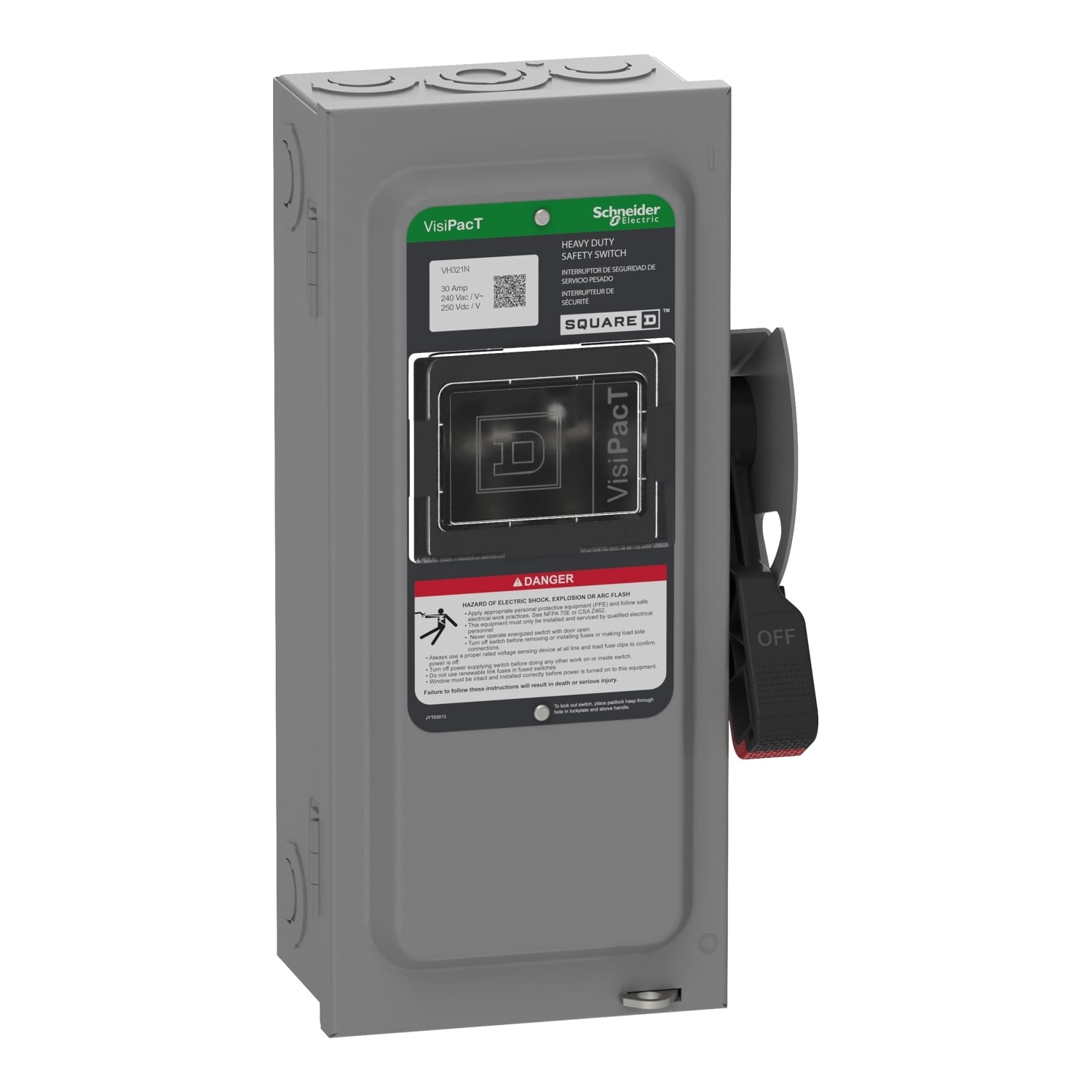 Safety switch, VisiPacT, heavy duty, fused, viewing window, NEMA 1, 240V, 30A, 3 pole, neutral installed