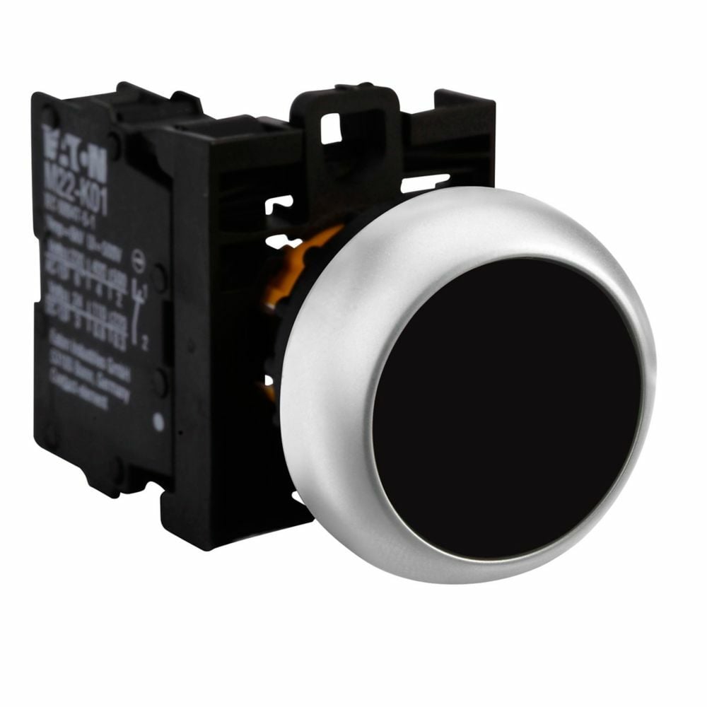 Eaton 22.5 mm RMQ-Titan Pushbutton,Black Actuator,Silver bezel,1NO - 1NC,IP67, IP69K,Non-illuminated,Flush mounting,NEMA 4X, 13,5,000,000 operations,Momentary,22.5 mm,Flush Pushbutton,M22