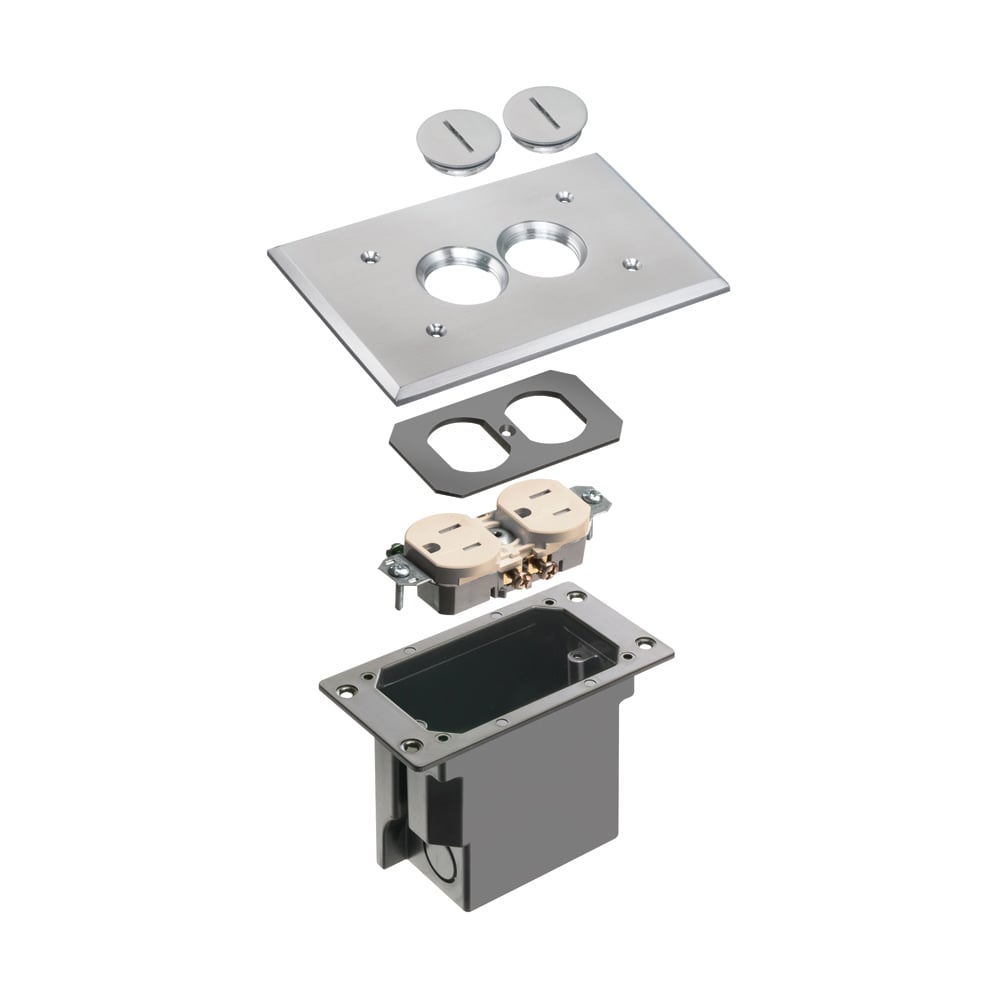 Non Metallic Box with metal covers for existing floors. Rectangular gasketed, metallic nickel cover with threaded plugs.