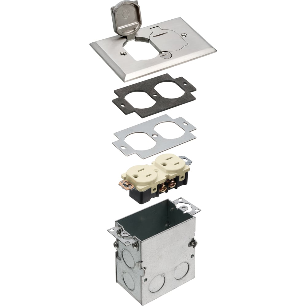 Floor box kit with steel box and metallic cover with flip lids. Single Gang. Nickel.