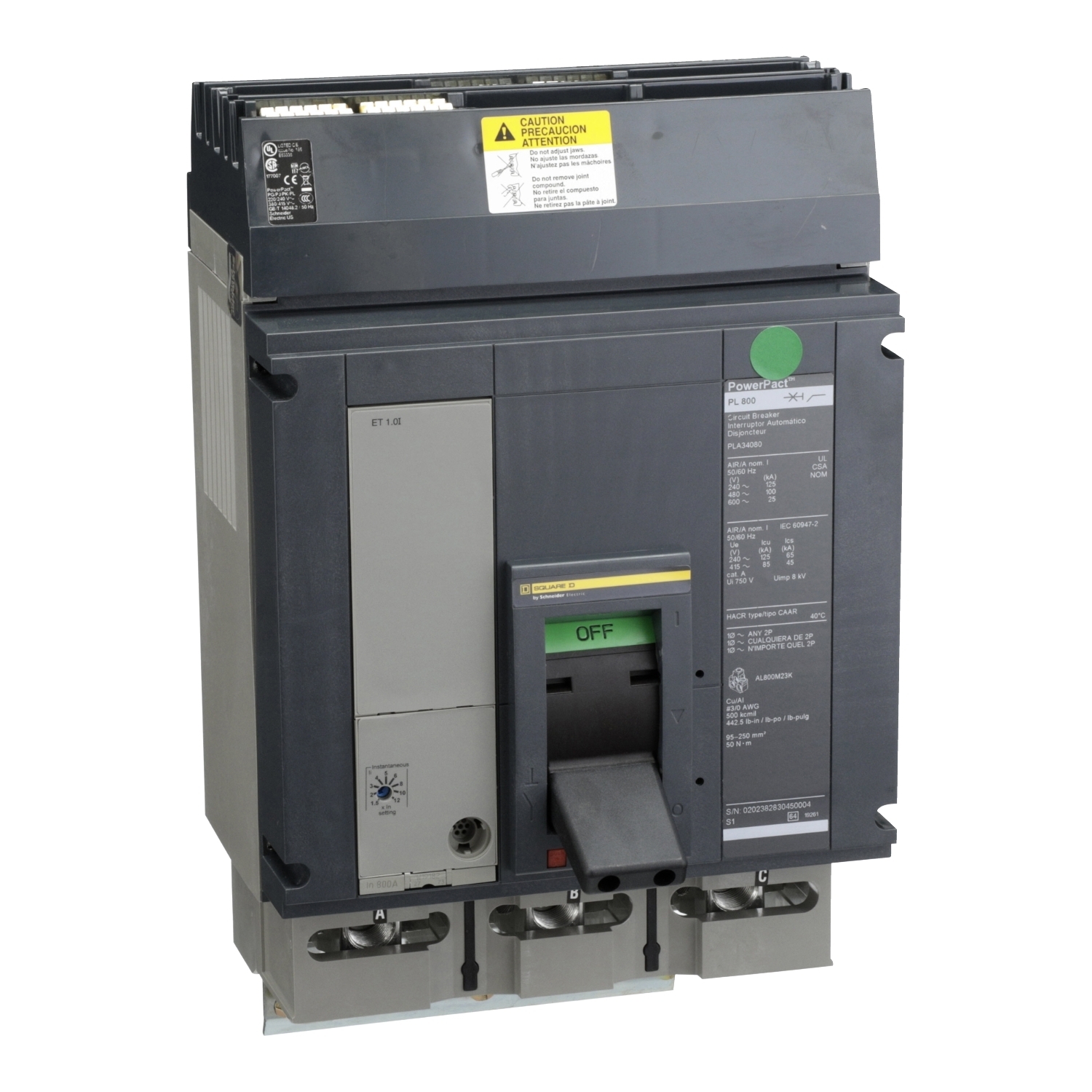 Circuit breaker, PowerPacT P, 800A, 3 pole, 480VAC, 100kA, I-Line, ET1.0l, 80%, ABC
