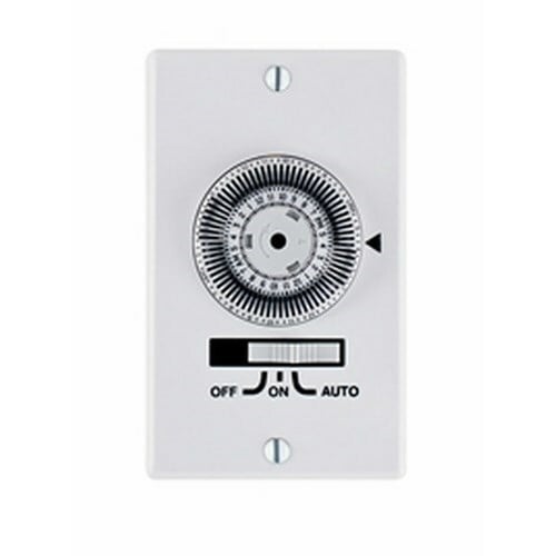The 24-Hour, Electromechanical In-Wall Timer, 20A, 120V, White, 1 Gang he KM2 Series Electromechanical In-Wall Timers replace standard wall switches (toggles) and provide automatic control of outdoor or indoor lighting, fans, pumps, office machines and other types of circuits. Captive trippers are easy to set and cannot be lost. Seventy-two trippers provide up to 36 ON/OFF events in a 24/hour period. Three-way OFF/AUTO/ON override switch provides continuous ON or OFF positions. The timers feature easy wiring and installations.