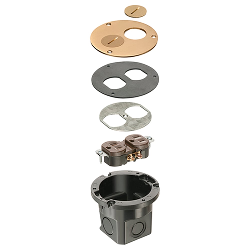 Flush to floor round cut in floor box kit. Brass cover with threaded plugs.