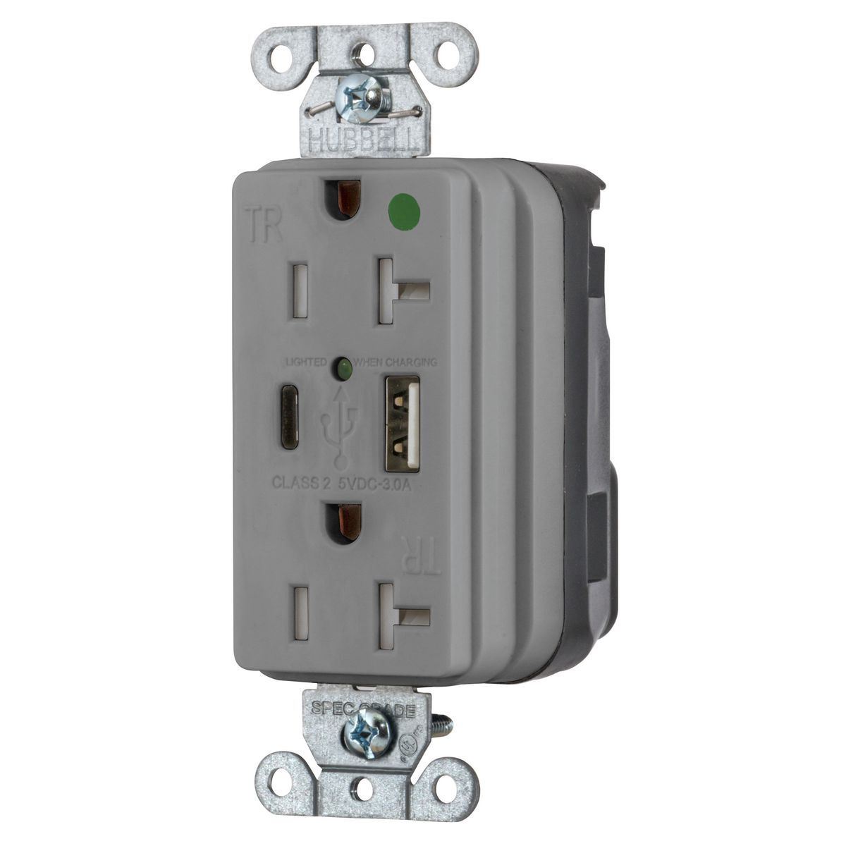 Straight Blade Devices, SNAP-ConnectDecorator Duplex, USB Charger Receptacle, Hospital Grade, 20A 125V, 2-Pole 3-Wire Grounding, 5-20R, 5A "A" and "C" Charger Ports, Gray