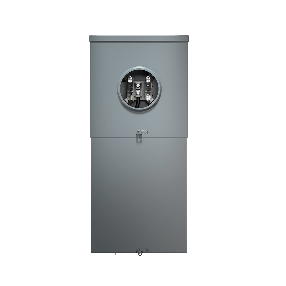 Outdoor Load Center Meter Combo Ring Type, NEMA 3R with Main Breaker and Feed-Thru Lugs, 200 Amp, 8 Spaces, 22KA Interrupt Rating, Enclosure and Door