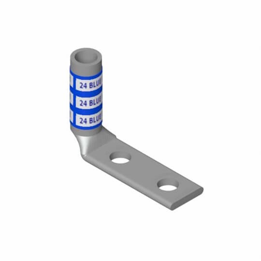 Copper Two-Hole Lug, 90 Degree Bend Long  Barrel, Blind End, Max 35kV, Wire Size 3/0 AWG, 3/8 Inch Bolt Size, 1 Inch Hole Spacing, Tin Plated, Die Code 50, Die Color Code Orange